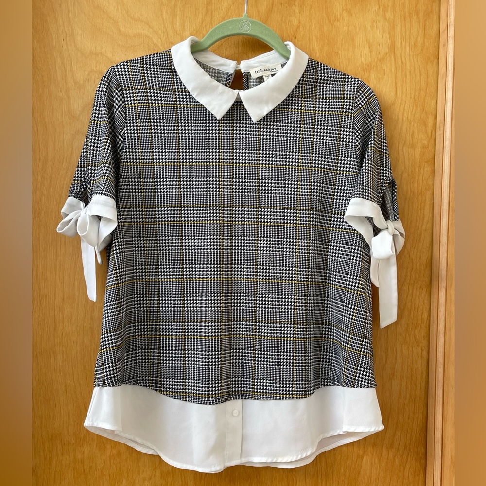 Faith and Joy by Monteau Houndstooth Plaid Shirt over Shirt look - Size L - 21” - Picture 1 of 4